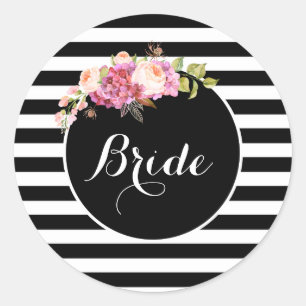 Fancy Bride with Black & White Stripes and Flowers Classic Round Sticker