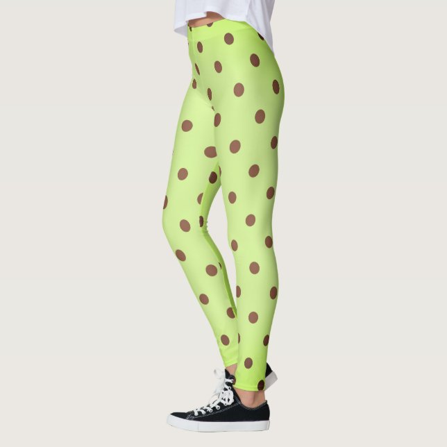 Fancy Brown and Light Green Retro Polka Dot Leggings (Left)