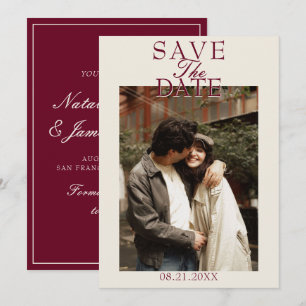 Fancy Burgundy Cream Old Money Photo Wedding Save The Date