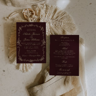 Fancy Burgundy Floral Old Money All In One Wedding Invitation