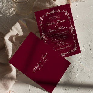 Fancy Burgundy Floral Old Money Herbal Wedding Invitation