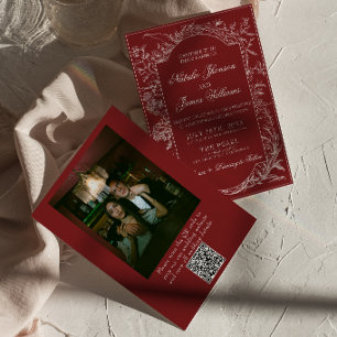 Fancy Burgundy Floral QR Code Photo Wedding Invitation