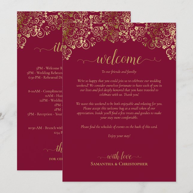 Fancy Burgundy & Gold Wedding Welcome & Itinerary Programme (Front/Back)