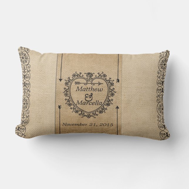 Fancy Burlap Wedding Date Heart Personalised Lumbar Cushion (Front)