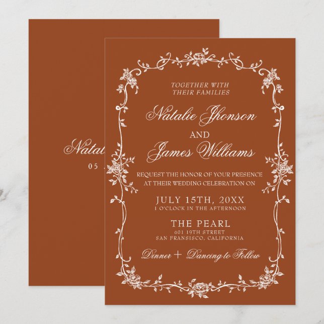 Fancy Burnt Orange Floral Boho Terracotta Wedding Invitation (Front/Back)