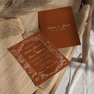 Fancy Burnt Orange Floral Boho Terracotta Wedding Invitation