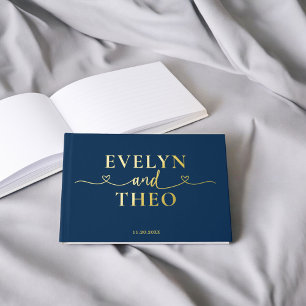 Fancy Calligraphy Heart Navy Blue Guest Book
