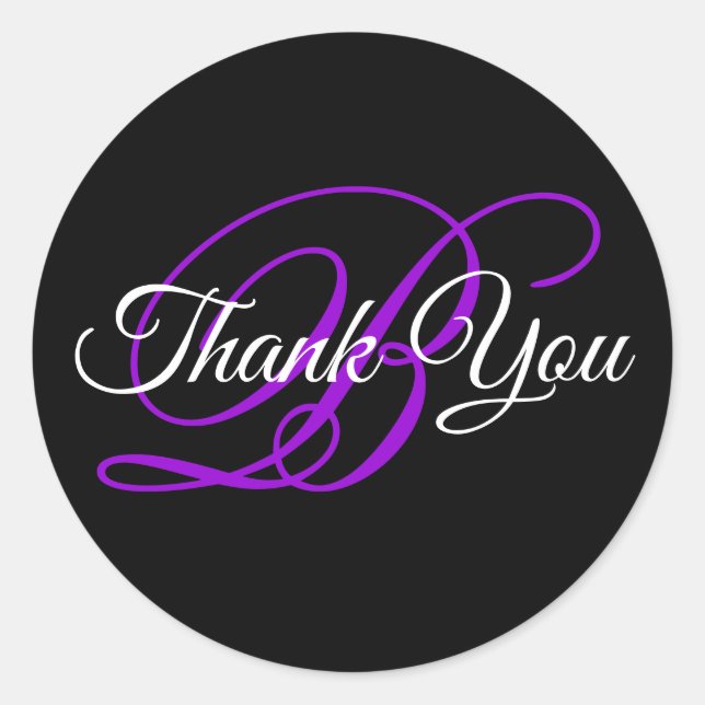 Fancy Calligraphy Violet Monogram Thank You Classic Round Sticker (Front)