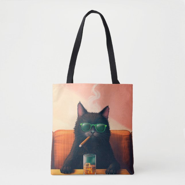 Fancy Cat Drinking Whiskey Tote Bag (Front)
