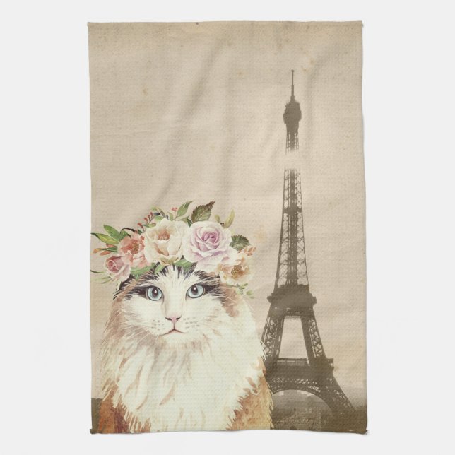 Fancy Cat & Eiffel  Tea Towel (Vertical)