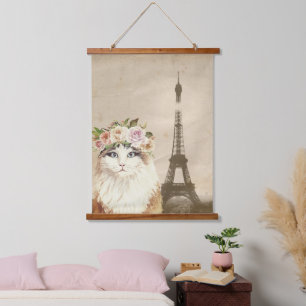 Fancy Cat & Eiffel Tower  Hanging Tapestry