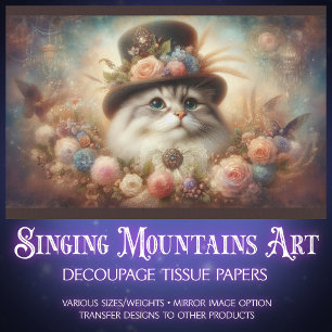 Fancy Cat in Victorian Hat Floral Decoupage  Tissue Paper