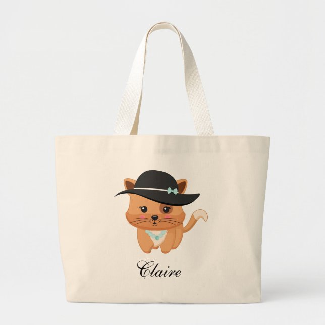Fancy Cat with Hat Large Tote Bag (Front)
