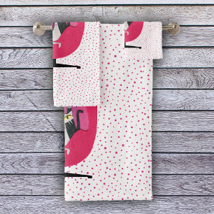 Fancy Cats in Mid Century Pink Chair Dots White Bath Towel Set