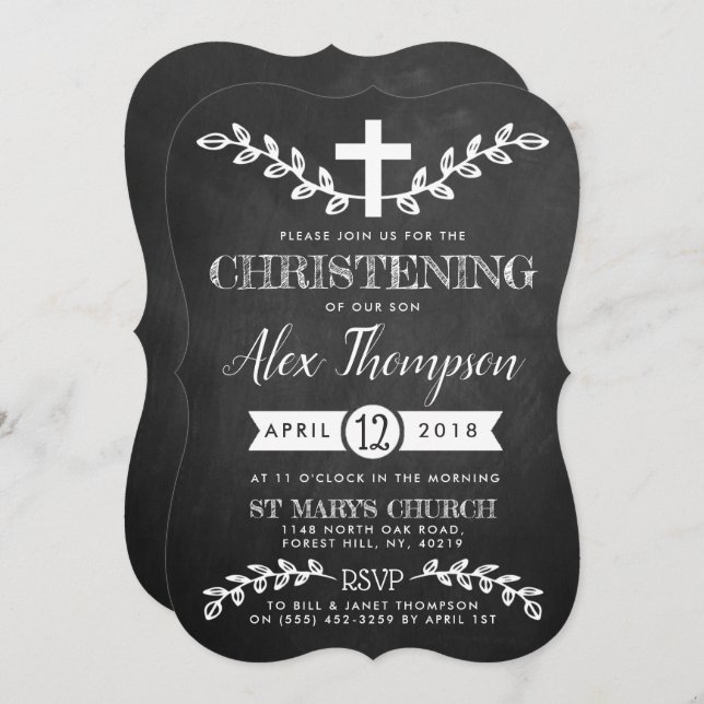 Fancy Chalkboard Cross & Foliage Christening Invitation (Front/Back)
