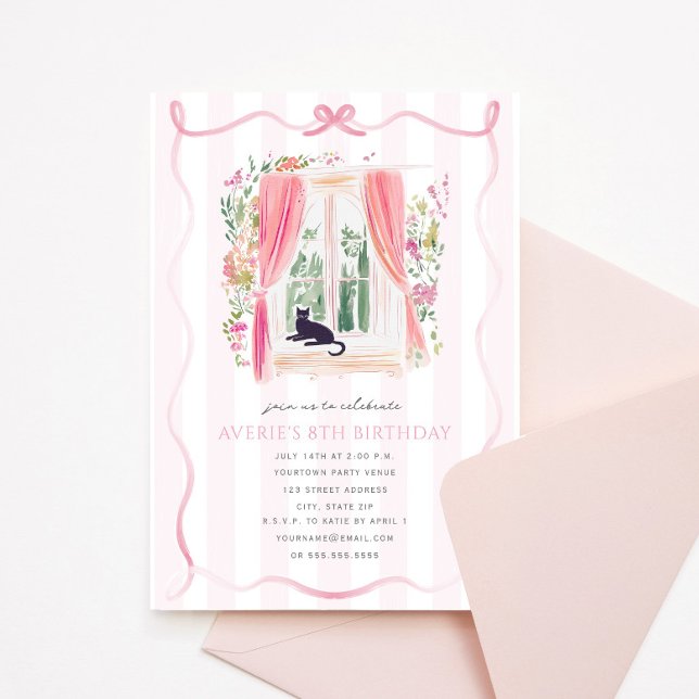 Fancy Chateau Pink Ribbon Coquette Cat Birthday Invitation (Creator Uploaded)