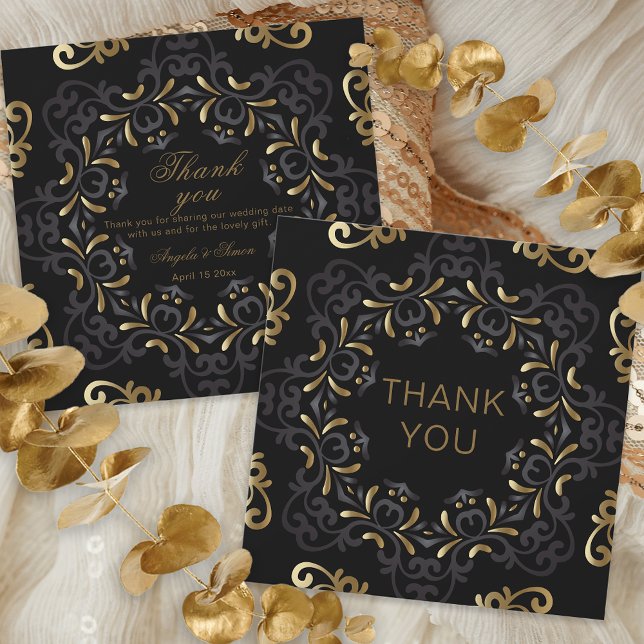 Fancy Chic Black And Gold Baroque Frame Wedding Thank You Card (Creator Uploaded)