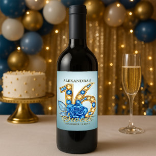 Fancy Chic Blue Rose Gold Gemstone Sweet 16 Wine Label