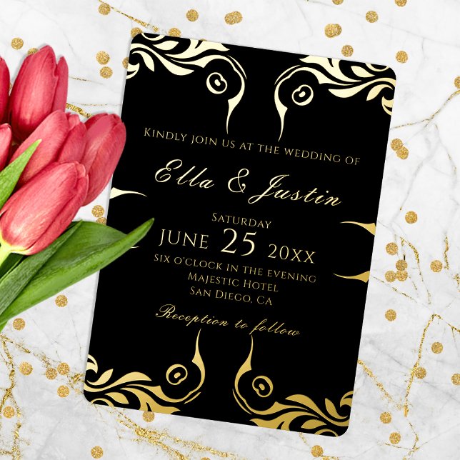 Fancy Chic Faux Gold Border On Black Wedding (Creator Uploaded)