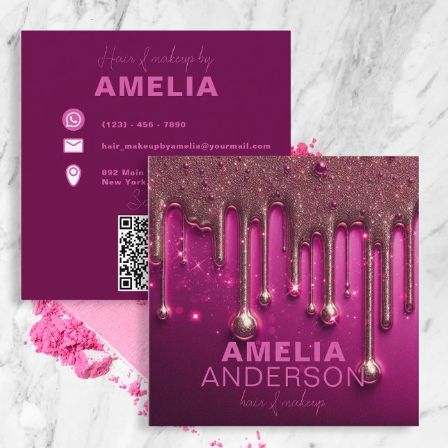 Fancy Chic Glam Pink Paint Drip Hair Makeup Square Business Card (Creator Uploaded)