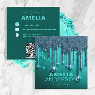 Fancy Chic Glam Teal Green Paint Drip Hair Makeup Square Business Card
