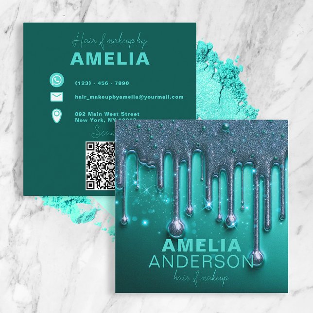 Fancy Chic Glam Teal Green Paint Drip Hair Makeup Square Business Card (Creator Uploaded)