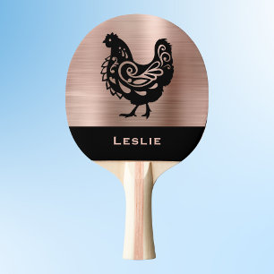 Fancy Chicken Silhouette in Faux Copper n Black    Ping Pong Paddle