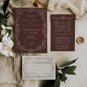 Fancy Chocolate Brown Floral Old Money Wedding Invitation