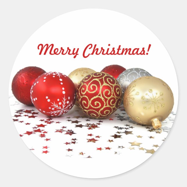 Fancy Christmas Ball Ornaments with Shiny Stars Classic Round Sticker (Front)