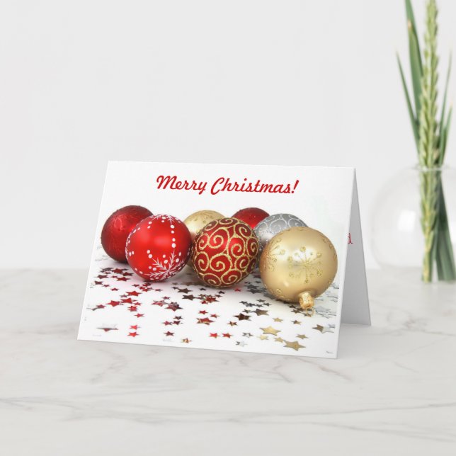 Fancy Christmas Ball Ornaments with Shiny Stars Holiday Card (Front)