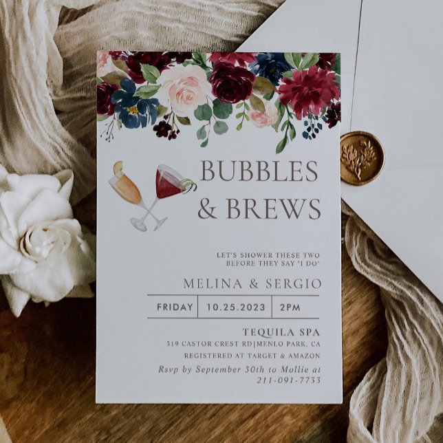 Fancy Classic Flower Bubbles & Brews Bridal shower Invitation (Creator Uploaded)