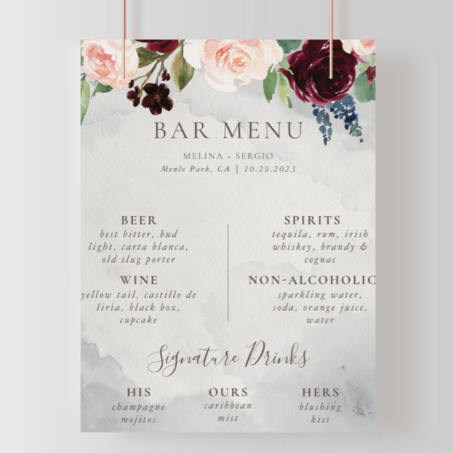 Fancy Classic Rose Peony flowers Wedding Bar Menu  Poster (Creator Uploaded)