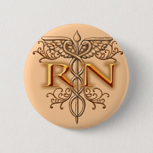 Fancy Copper Caduceus RN Nurse 6 Cm Round Badge (Front)