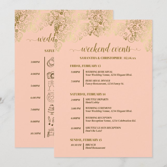 Fancy Coral Peach & Gold Wedding Events & Timeline Programme (Front/Back)