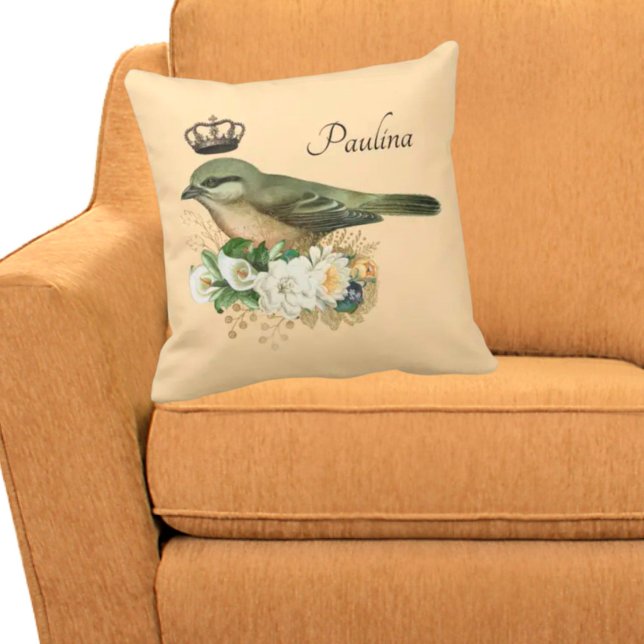 Fancy Crown Bird on Peach Personalised Cushion (Creator Uploaded)