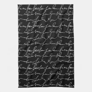 Fancy Cursive Writing, Gibberish, Black & White Tea Towel