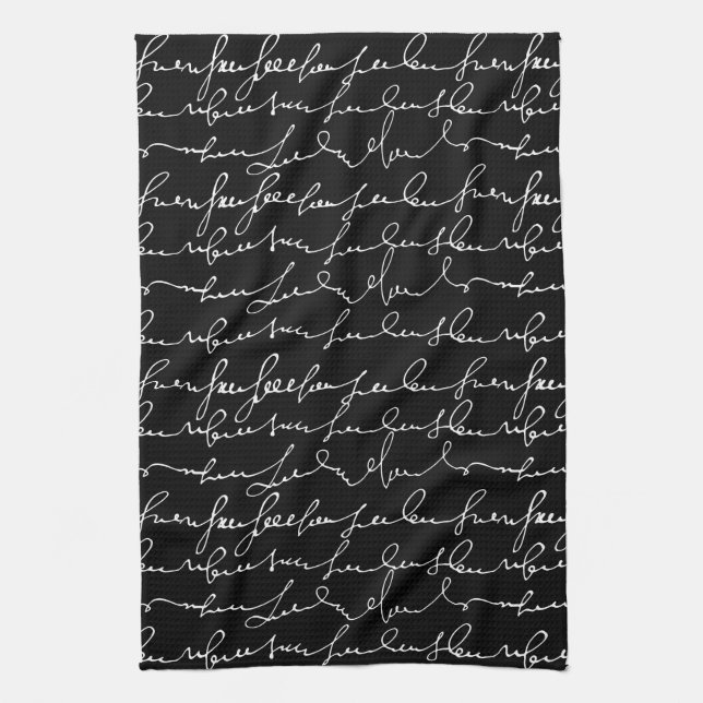Fancy Cursive Writing, Gibberish, Black & White Tea Towel (Vertical)