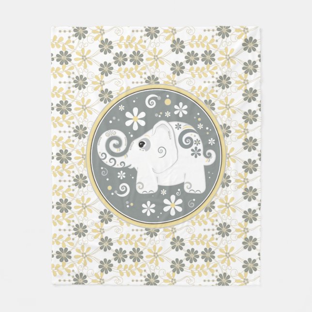 Fancy Decorated Elephant Floral Yellow Grey White Fleece Blanket (Front)