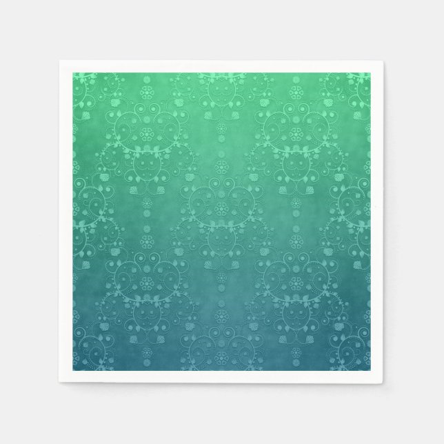 Fancy Deep Aquamarine Floral Damask Pattern Napkin (Front)