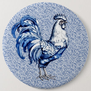 Fancy Delft Blue And White Rooster Chicken 6 Cm Round Badge