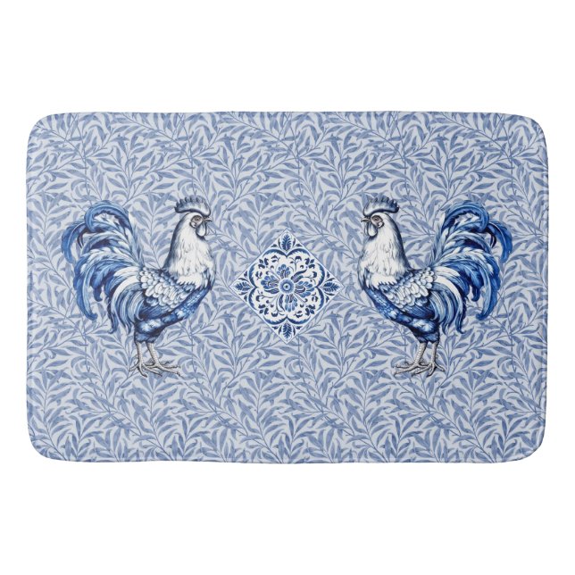 Fancy Delft Blue And White Rooster Chicken Bath Mat (Front)