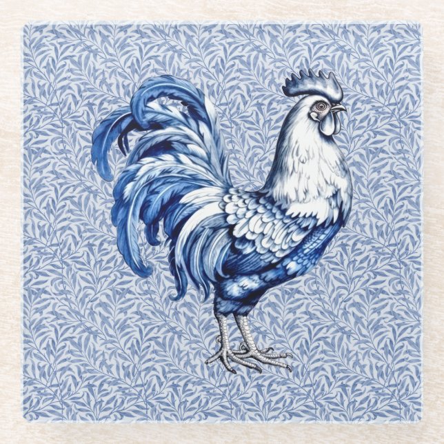 Fancy Delft Blue And White Rooster Chicken Glass Coaster (Front)