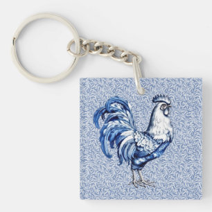 Fancy Delft Blue And White Rooster Chicken Key Ring