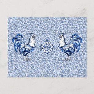 Fancy Delft Blue And White Rooster Chicken Postcard