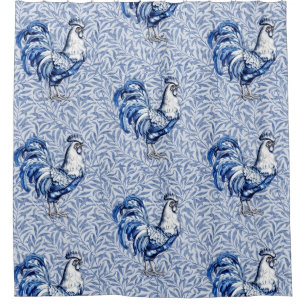 Fancy Delft Blue And White Rooster Chicken Shower Curtain