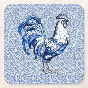 Fancy Delft Blue And White Rooster Chicken Square Paper Coaster