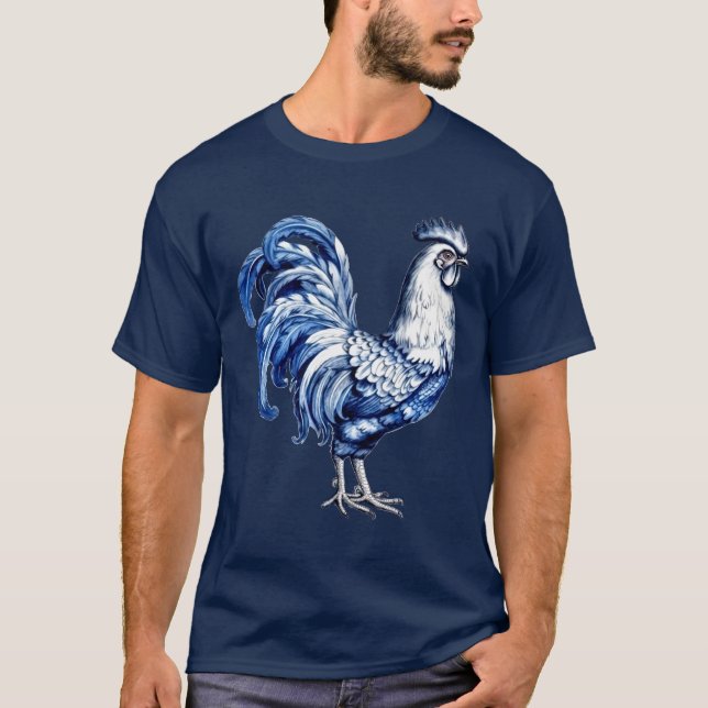 Fancy Delft Blue And White Rooster Chicken T-Shirt (Front)