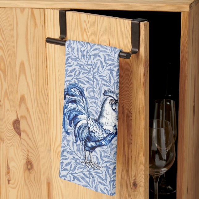 Fancy Delft Blue And White Rooster Chicken Tea Towel (Thirds Fold)