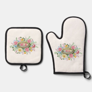 Fancy Dual Monogram with Floral Accents Custom Oven Mitt & Pot Holder Set