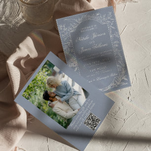 Fancy Dusty Blue Floral QR Code Photo Wedding Invitation